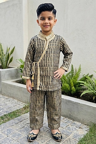 Black Tissue Silk Angrakha Set For Boys by Alyaansh Couture