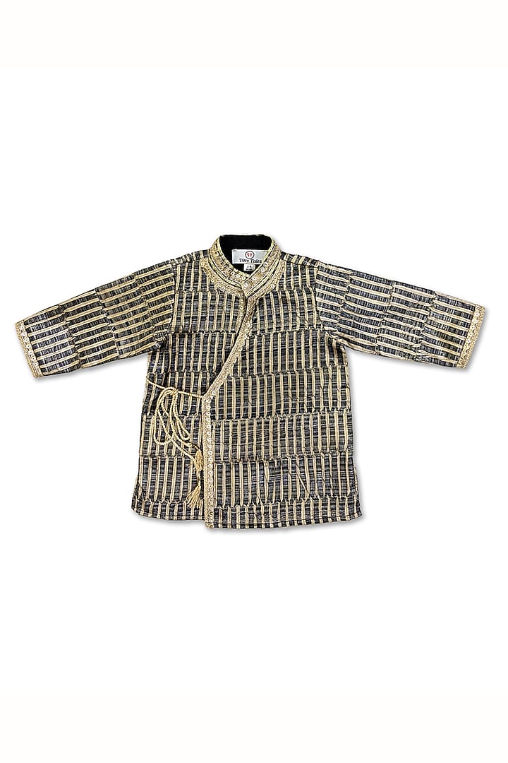 Black Tissue Silk Angrakha Set For Boys by Alyaansh Couture at Pernia's Pop Up Shop