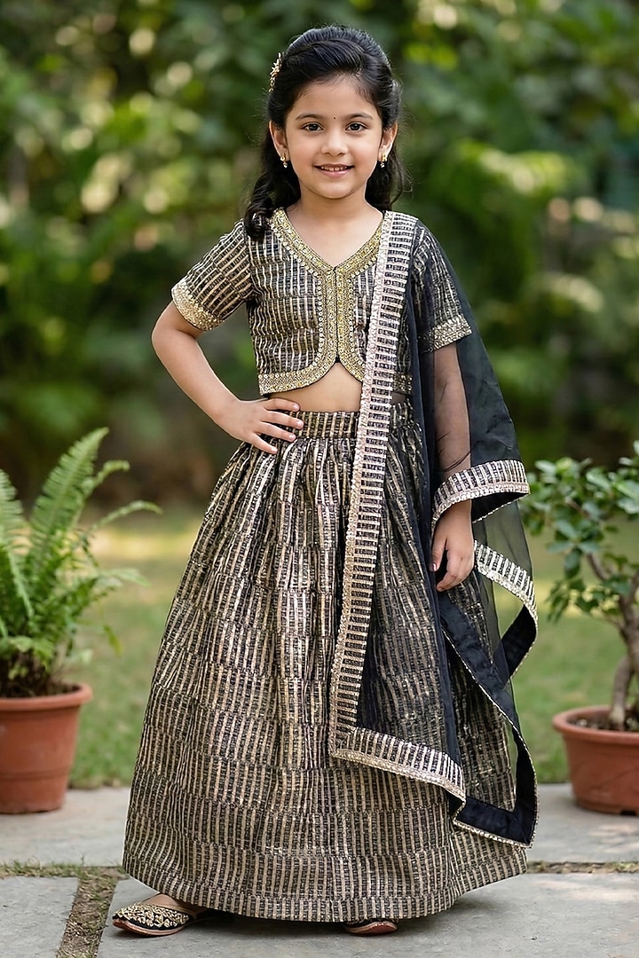 Black & Gold Tissue Silk Lehenga Set For Girls by Alyaansh Couture at Pernia's Pop Up Shop