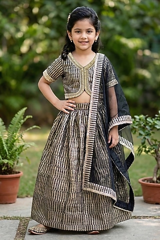 Black & Gold Tissue Silk Lehenga Set For Girls by Alyaansh Couture