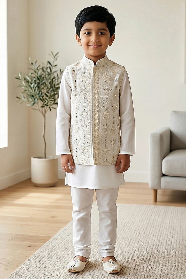White Cotton Silk Floral Embroidered Bundi Jacket Set For Boys by Alyaansh Couture at Pernia's Pop Up Shop