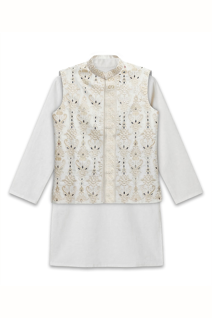 White Cotton Silk Floral Embroidered Bundi Jacket Set For Boys by Alyaansh Couture at Pernia's Pop Up Shop