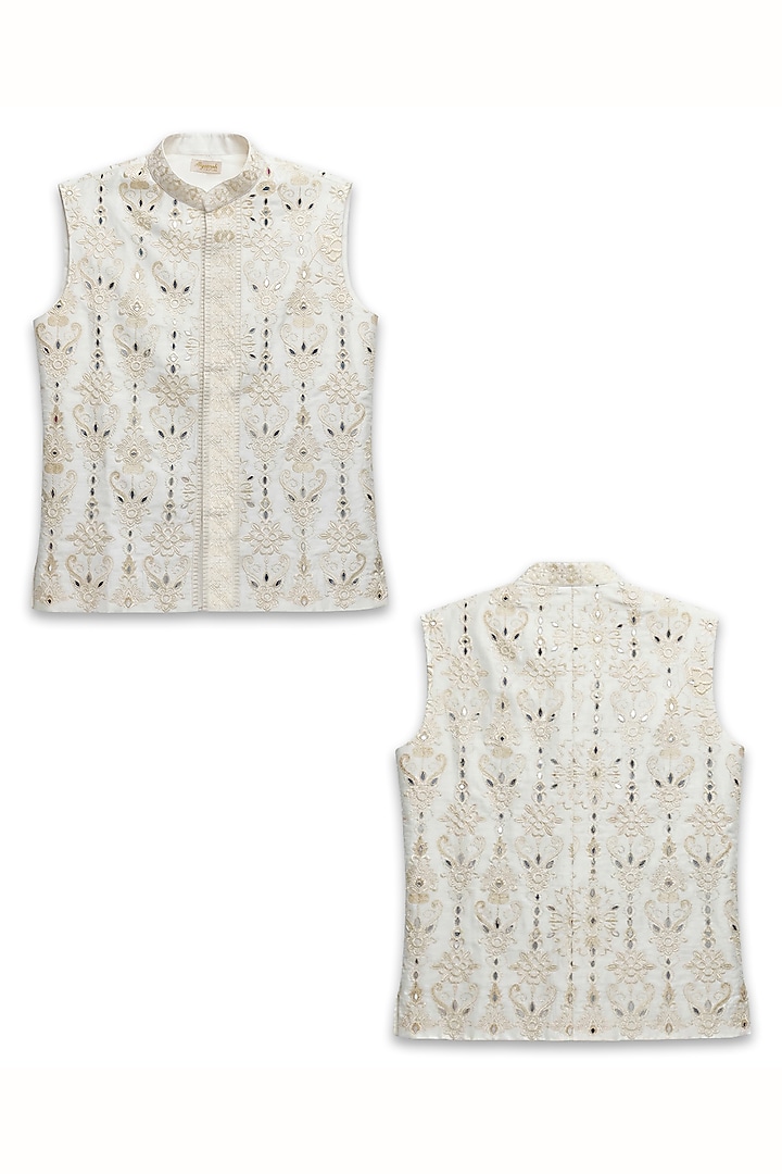 White Cotton Silk Floral Embroidered Bundi Jacket Set For Boys by Alyaansh Couture at Pernia's Pop Up Shop