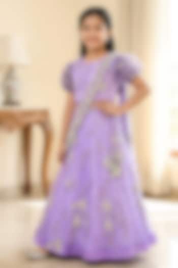Lavender Net Floral Embroidered Lehenga Set For Girls by Alyaansh Couture at Pernia's Pop Up Shop
