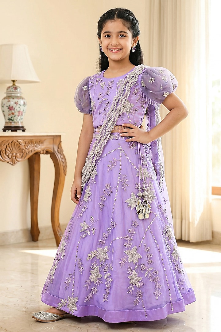 Lavender Net Floral Embroidered Lehenga Set For Girls by Alyaansh Couture at Pernia's Pop Up Shop