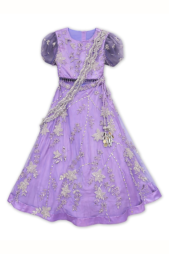 Lavender Net Floral Embroidered Lehenga Set For Girls by Alyaansh Couture at Pernia's Pop Up Shop