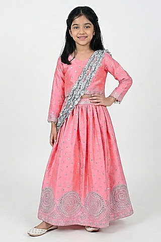 Pink Silk Embroidered Lehenga Set For Girls by Alyaansh Couture