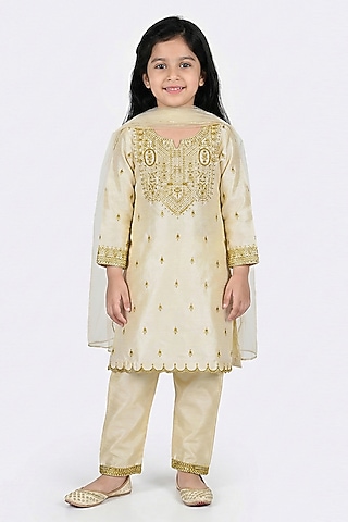 Beige Dupion Silk Kurta Set For Girls by Alyaansh Couture