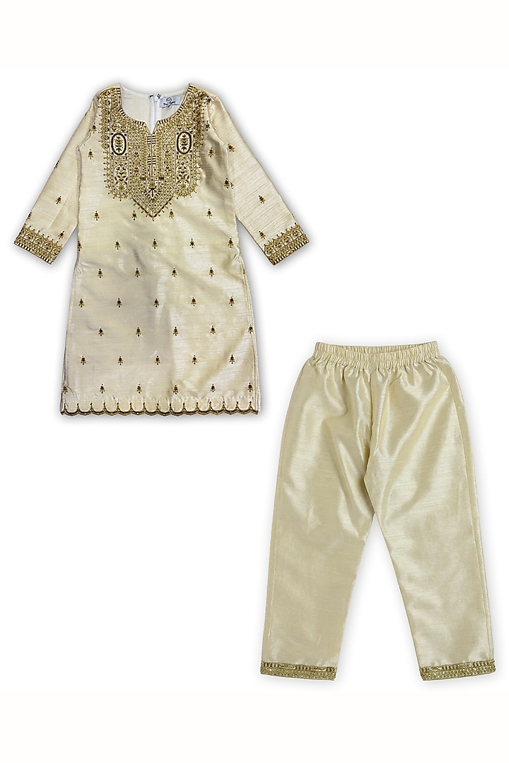 Beige Dupion Silk Kurta Set For Girls by Alyaansh Couture at Pernia's Pop Up Shop