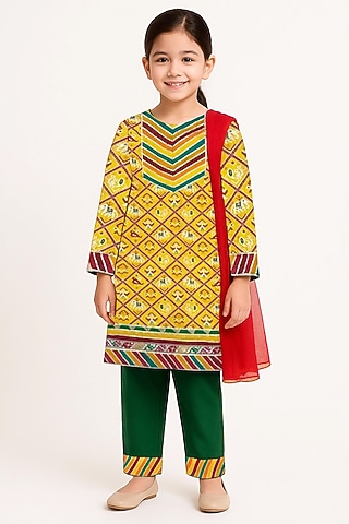 Yellow Silk Embroidered & Printed Kurta Set For Girls by Alyaansh Couture