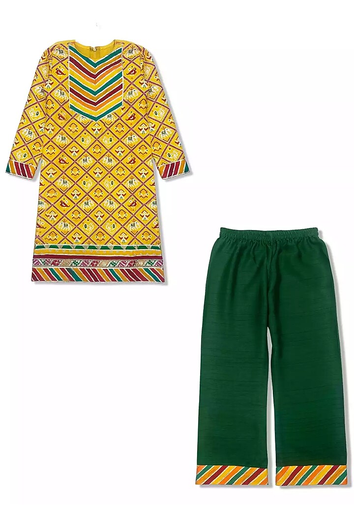 Yellow Silk Embroidered & Printed Kurta Set For Girls by Alyaansh Couture at Pernia's Pop Up Shop