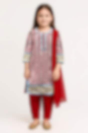 Red Cotton Embroidered & Printed Kurta Set For Girls by Alyaansh Couture at Pernia's Pop Up Shop