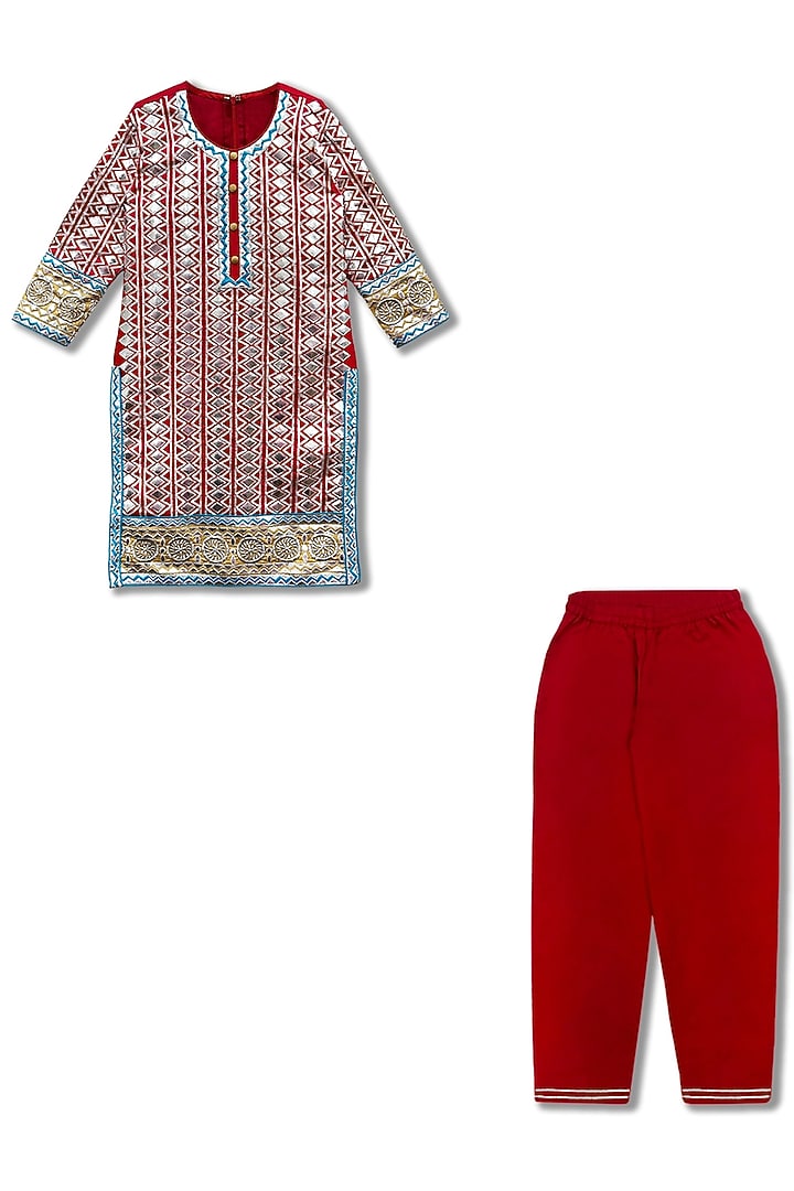 Red Cotton Embroidered & Printed Kurta Set For Girls by Alyaansh Couture at Pernia's Pop Up Shop