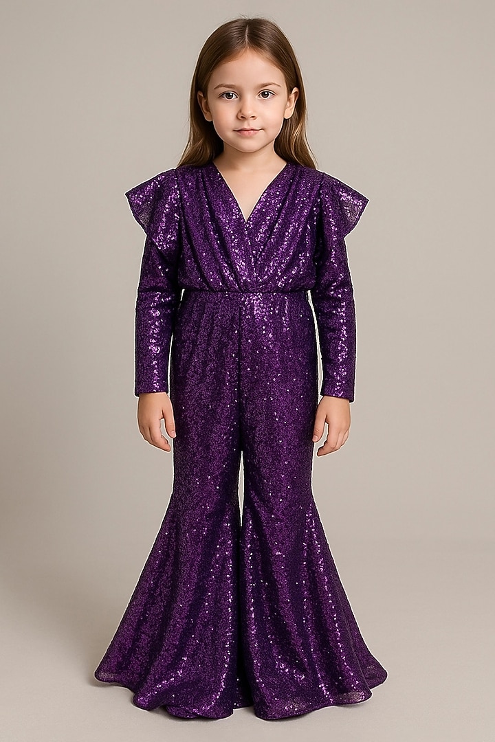Purple Sequins Georgette Jumpsuit For Girls by Alyaansh Couture at Pernia's Pop Up Shop