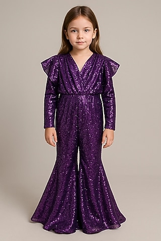 Purple Sequins Georgette Jumpsuit For Girls by Alyaansh Couture
