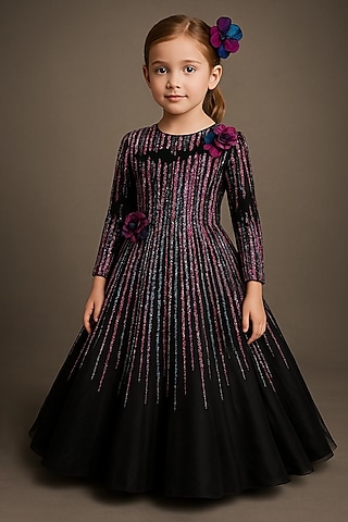 Black Net Floral Handwork Gown With HairClip For Girls by Alyaansh Couture