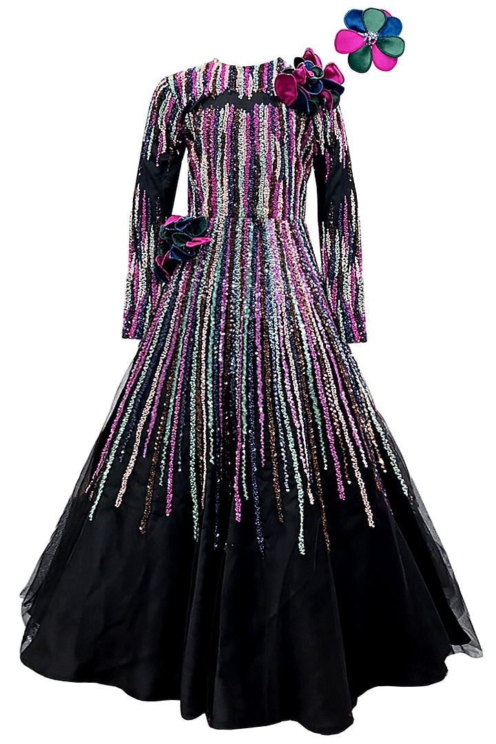 Black Net Floral Handwork Gown With HairClip For Girls by Alyaansh Couture at Pernia's Pop Up Shop