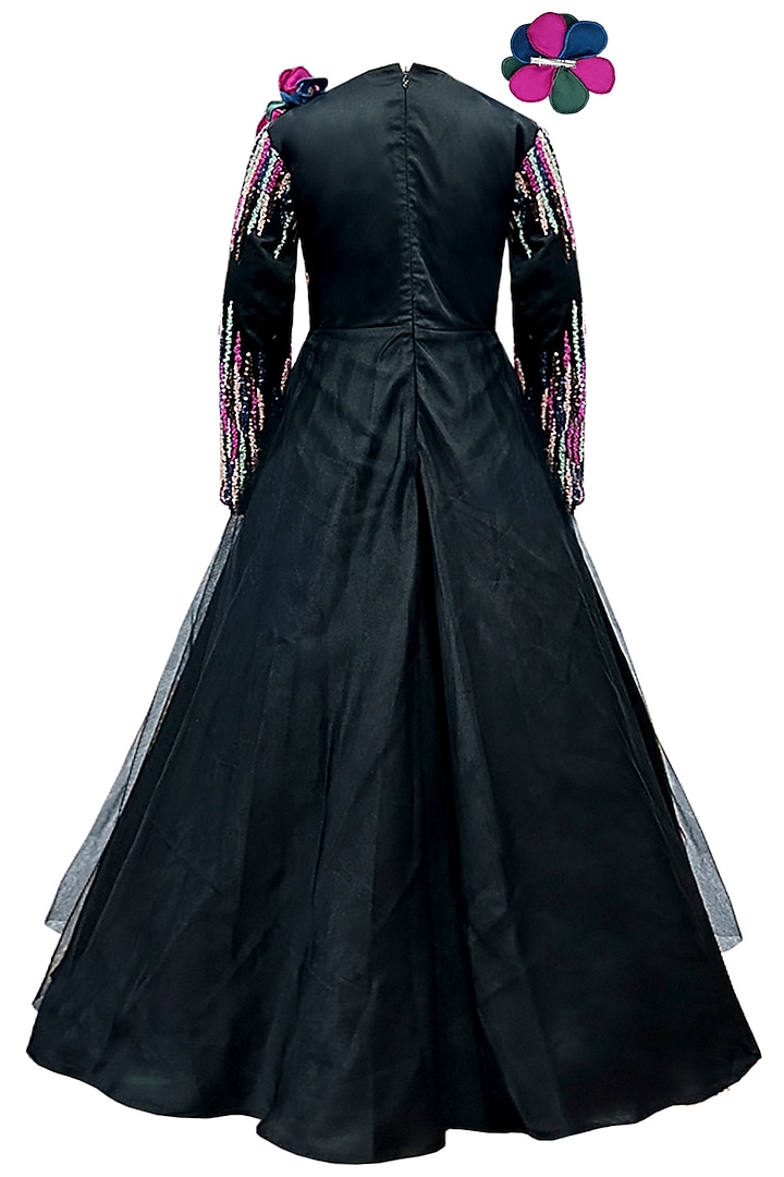 Black Net Floral Handwork Gown With HairClip For Girls by Alyaansh Couture at Pernia's Pop Up Shop