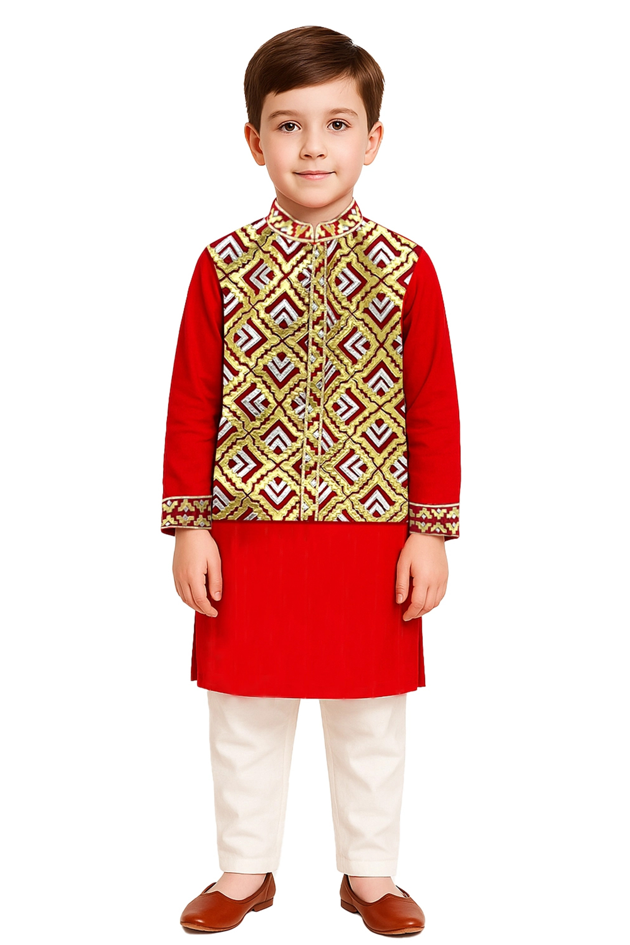 Red Chanderi Applique Embroidered Bundi Jacket Set For Boys by Alyaansh Couture