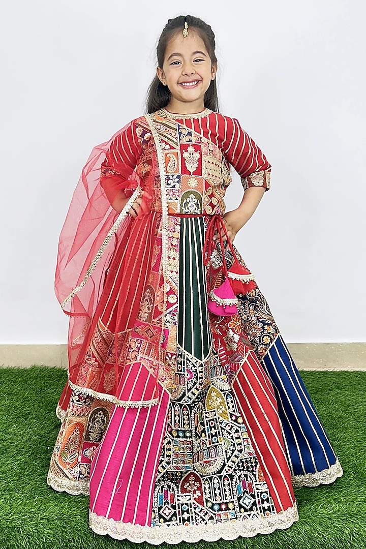 Multi-Colored Raw Silk Machine Embroidered Lehenga Set For Girls by Alyaansh Couture at Pernia's Pop Up Shop