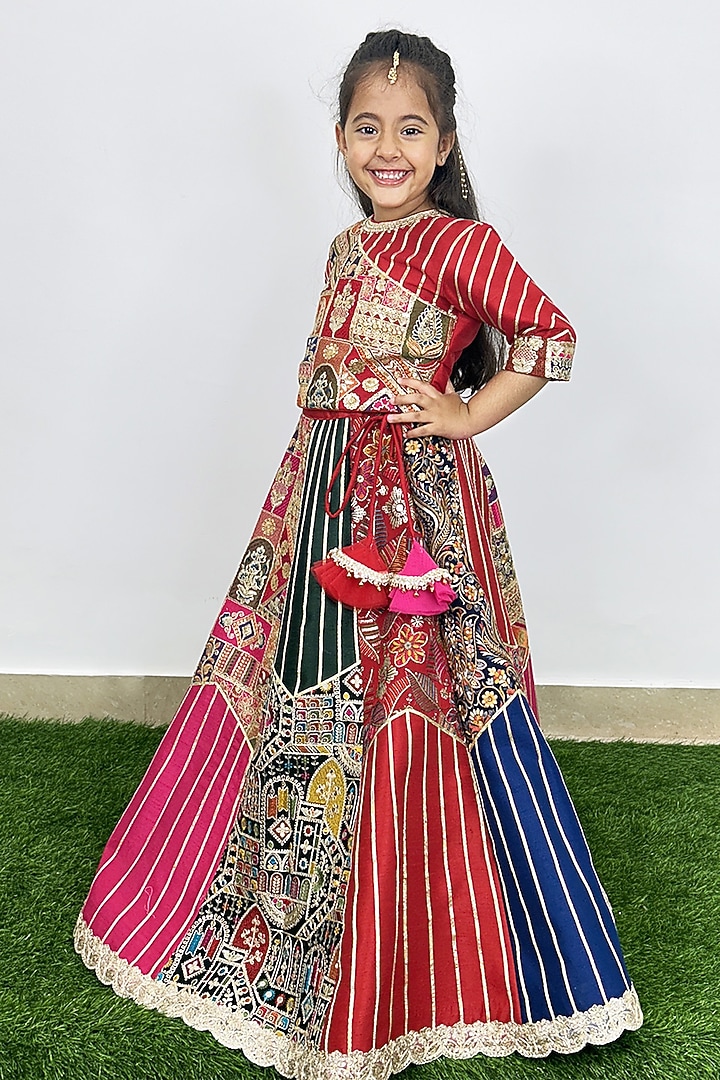 Multi-Colored Raw Silk Machine Embroidered Lehenga Set For Girls by Alyaansh Couture at Pernia's Pop Up Shop