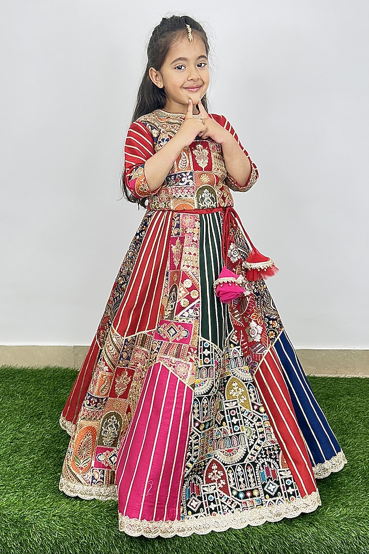 Multi-Colored Raw Silk Machine Embroidered Lehenga Set For Girls by Alyaansh Couture at Pernia's Pop Up Shop