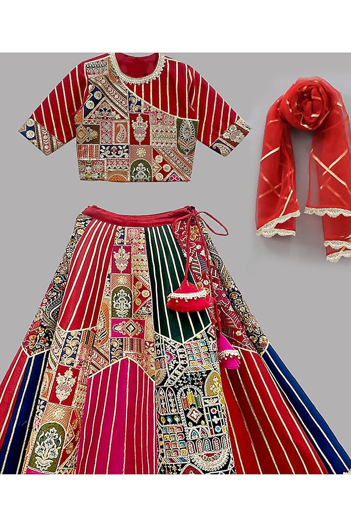 Multi-Colored Raw Silk Machine Embroidered Lehenga Set For Girls by Alyaansh Couture at Pernia's Pop Up Shop