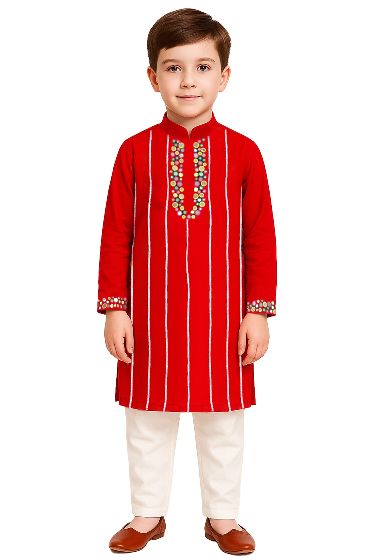 Red Glace Cotton Mirror Work Kurta Set For Boys by Alyaansh Couture