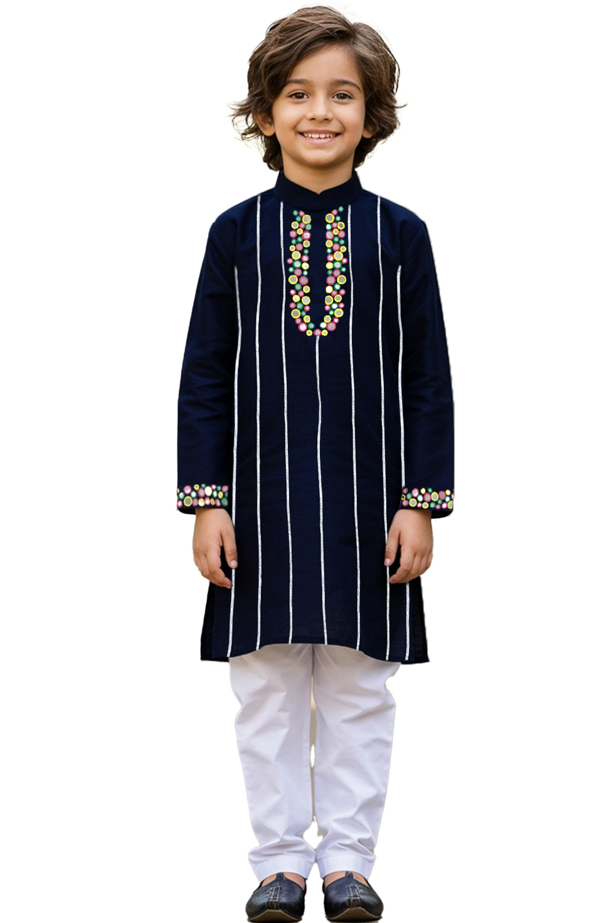 Blue Glace Cotton Mirror Work Kurta Set For Boys by Alyaansh Couture