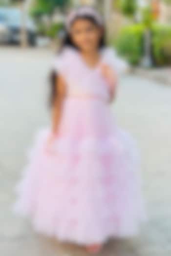 Pink Net & Satin Handwork Frilled Dress For Girls by Alyaansh Couture at Pernia's Pop Up Shop