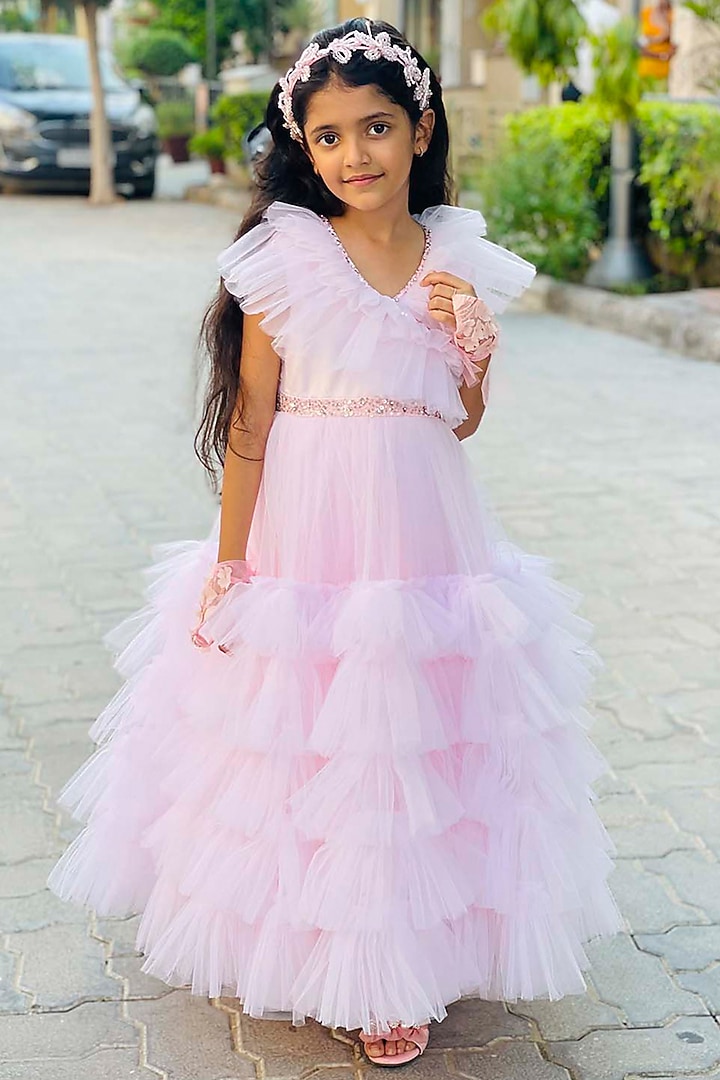 Pink Net & Satin Handwork Frilled Dress For Girls by Alyaansh Couture at Pernia's Pop Up Shop