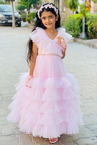 Pink Net & Satin Handwork Frilled Dress For Girls by Alyaansh Couture