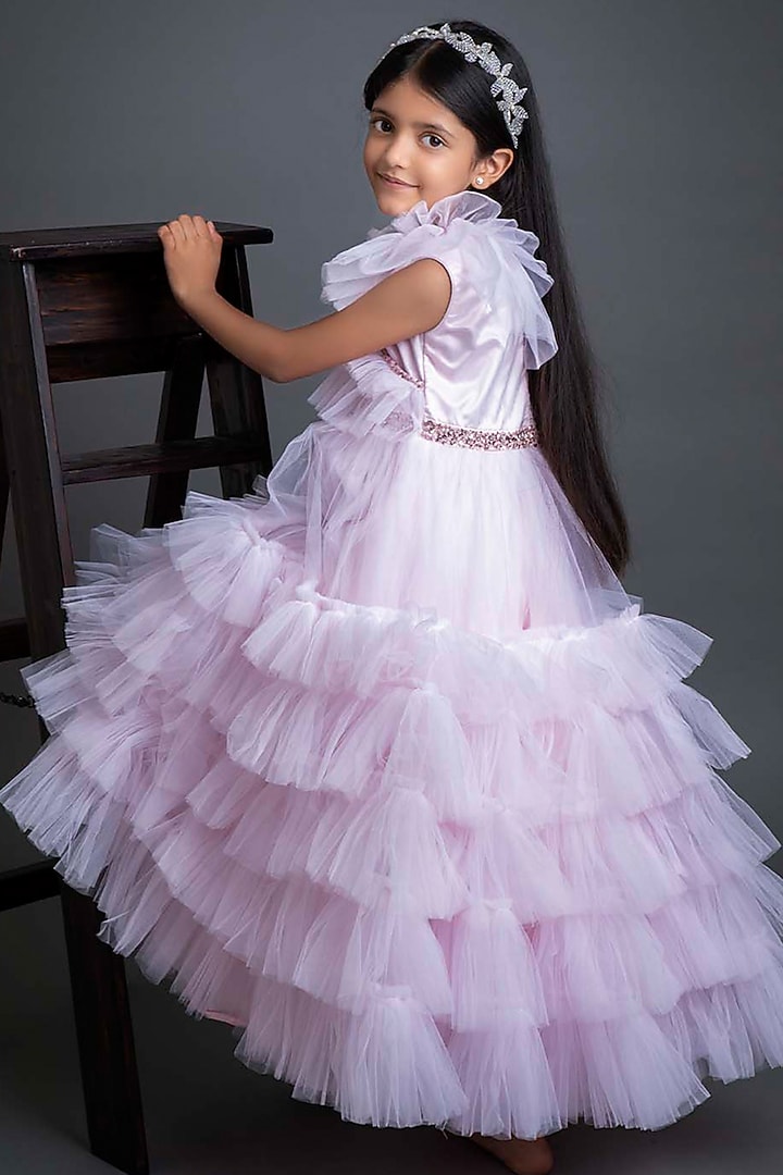 Pink Net & Satin Handwork Frilled Dress For Girls by Alyaansh Couture at Pernia's Pop Up Shop