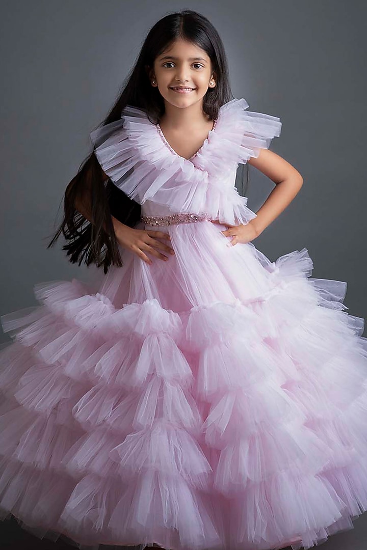 Pink Net & Satin Handwork Frilled Dress For Girls by Alyaansh Couture at Pernia's Pop Up Shop