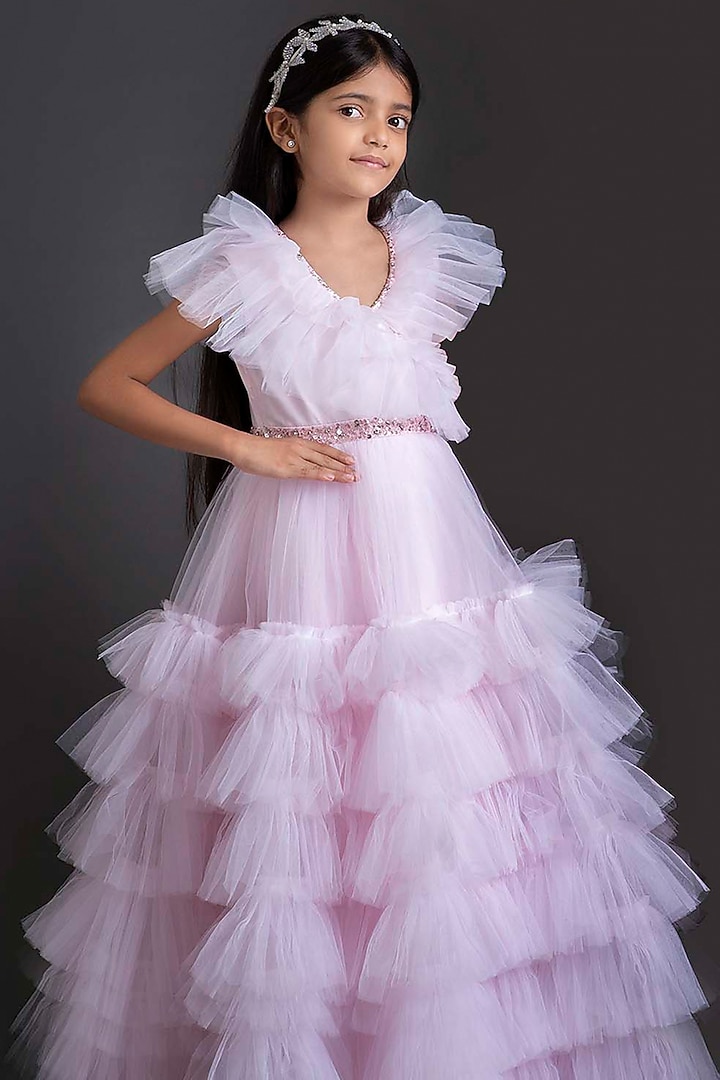 Pink Net & Satin Handwork Frilled Dress For Girls by Alyaansh Couture at Pernia's Pop Up Shop
