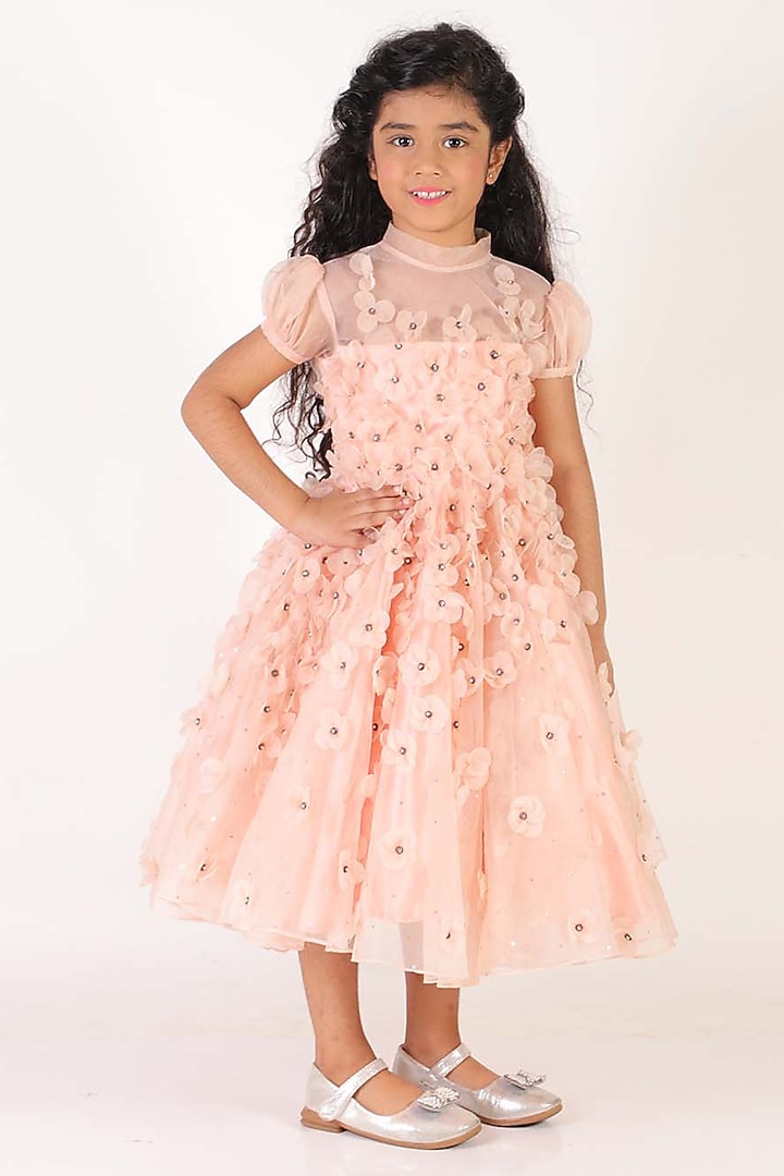 Pink Organza & Satin Embroidered Flared Dress For Girls by Alyaansh Couture at Pernia's Pop Up Shop