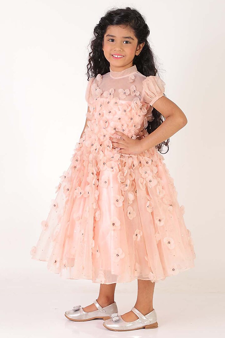 Pink Organza & Satin Embroidered Flared Dress For Girls by Alyaansh Couture at Pernia's Pop Up Shop