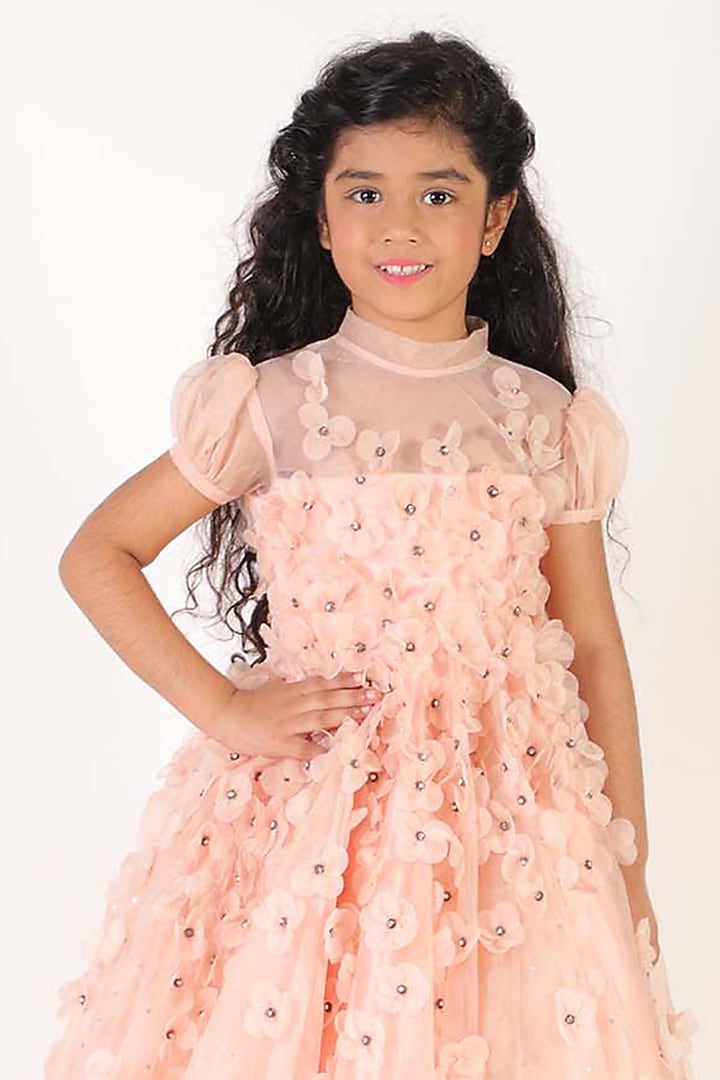 Pink Organza & Satin Embroidered Flared Dress For Girls by Alyaansh Couture at Pernia's Pop Up Shop