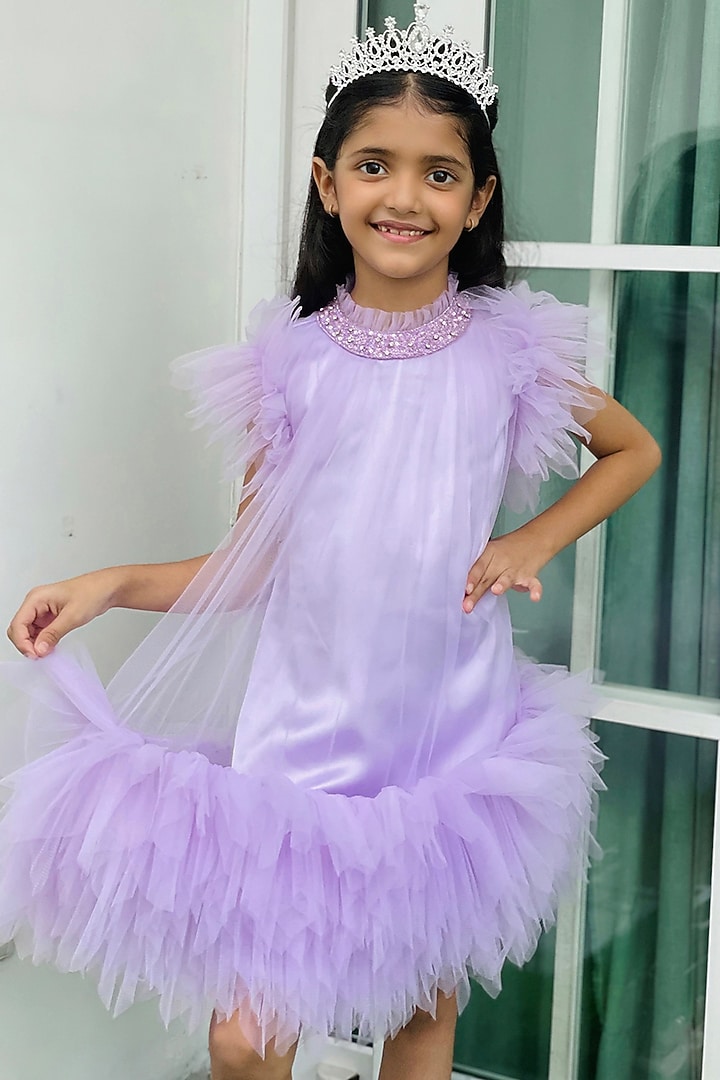 Lilac Net & Satin Sequins Work Dress For Girls by Alyaansh Couture at Pernia's Pop Up Shop