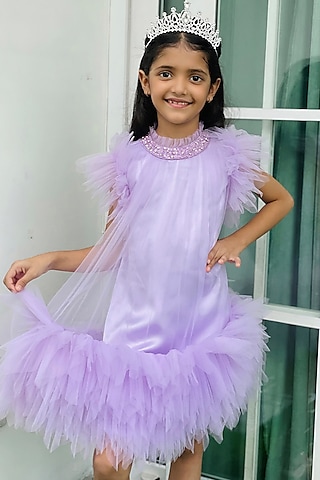 Lilac Net & Satin Sequins Work Dress For Girls by Alyaansh Couture