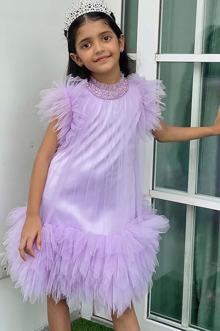 Lilac Net & Satin Sequins Work Dress For Girls by Alyaansh Couture at Pernia's Pop Up Shop