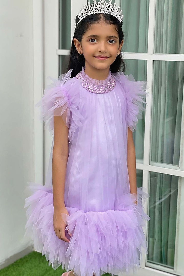 Lilac Net & Satin Sequins Work Dress For Girls by Alyaansh Couture at Pernia's Pop Up Shop