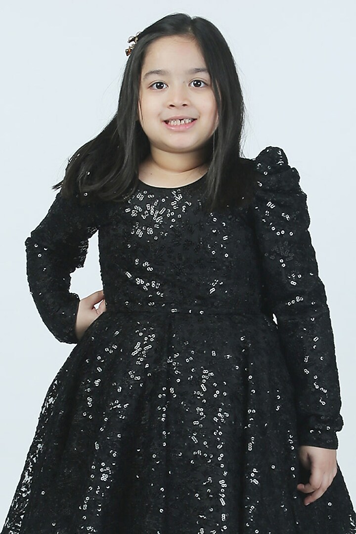 Black Net Sequins Embroidered Dress For Girls by Alyaansh Couture at Pernia's Pop Up Shop