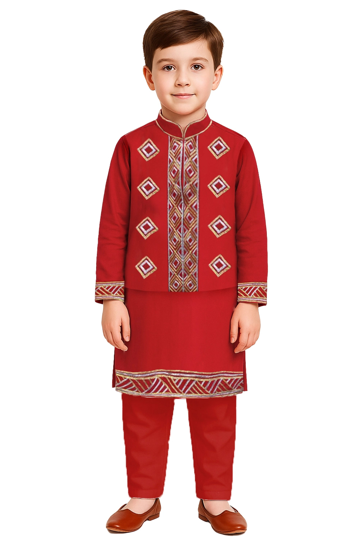 Red Cotton Gota Work Bundi Jacket Set For Boys by Alyaansh Couture