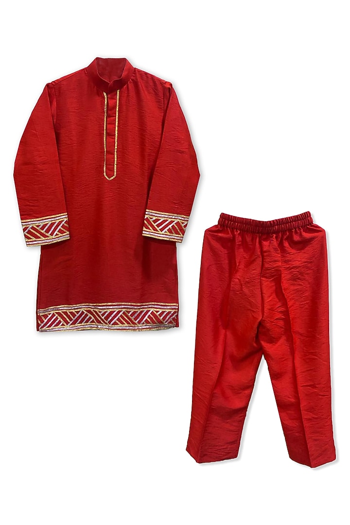 Red Cotton Gota Work Bundi Jacket Set For Boys by Alyaansh Couture at Pernia's Pop Up Shop
