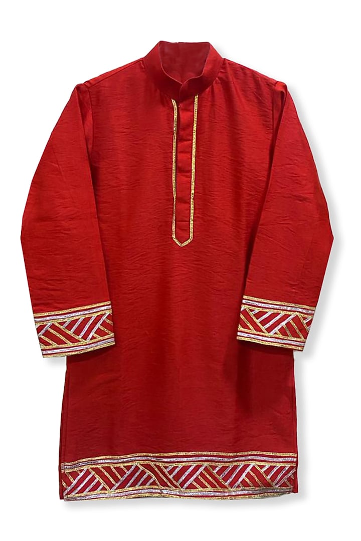 Red Cotton Gota Work Bundi Jacket Set For Boys by Alyaansh Couture at Pernia's Pop Up Shop