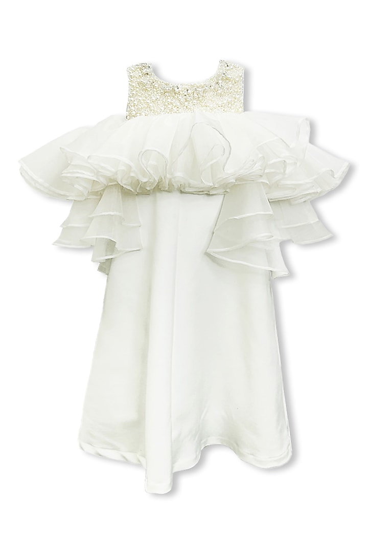 White Organza Pearl Embellished Dress For Girls by Alyaansh Couture at Pernia's Pop Up Shop