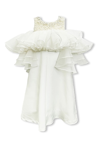 White Organza Pearl Embellished Dress For Girls by Alyaansh Couture