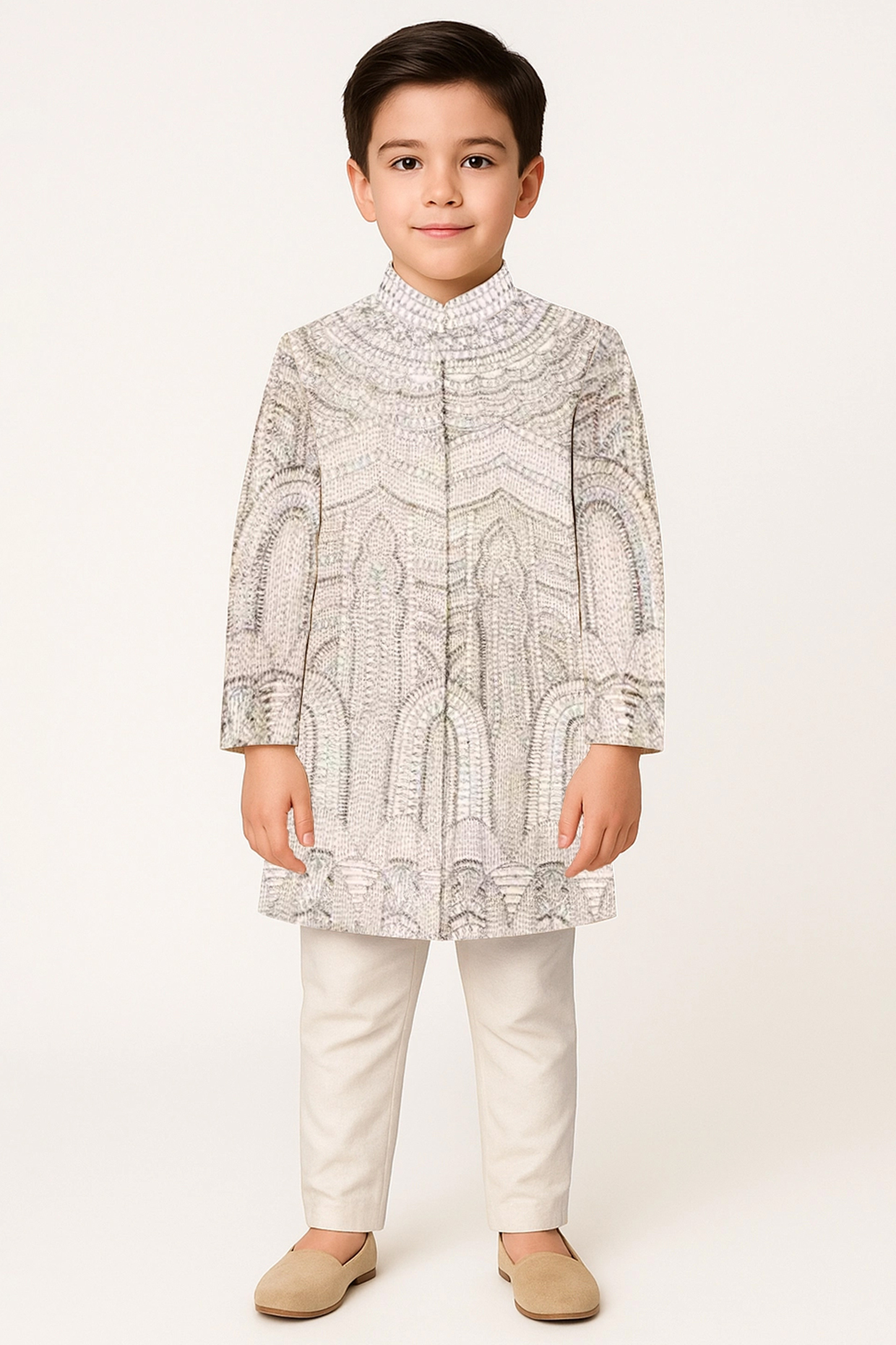 Ivory Silk Handwork Sherwani Set For Boys by Alyaansh Couture