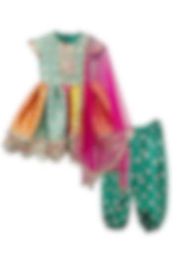 Multi-Colored Chanderi Embroidered Pathani Kurta Set For Girls by Alyaansh Couture at Pernia's Pop Up Shop